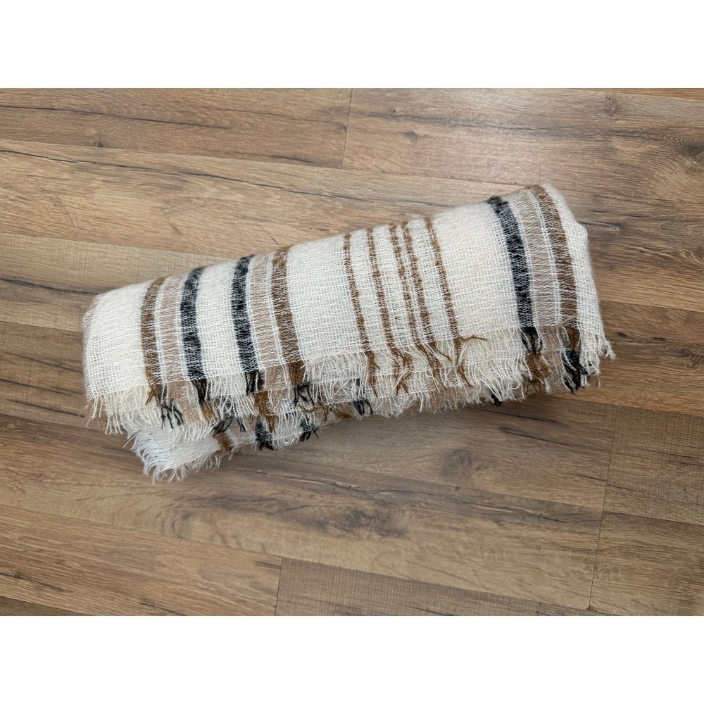 Boho Striped Lightweight Scarf Shawl Fringe‎ Neutral Wrap - Picture 2 of 6